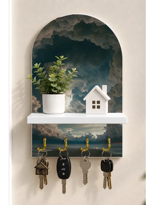 Onyx Lab Onyxlab Dramatik Fırtına Bulutları Temalı Raflı 4 Kancalı Duvar Anahtarlığı, 35 x 20 Cm, Mdf