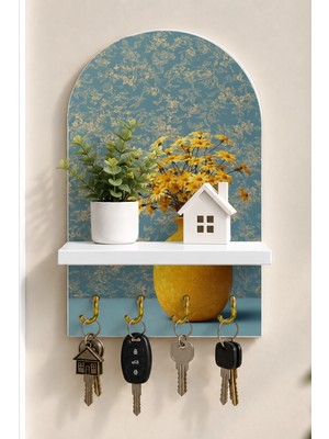 Onyx Lab Onyxlab Sarı Vazoda Çiçekler Temalı Raflı 4 Kancalı Duvar Anahtarlığı, 35 x 20 Cm, Mdf