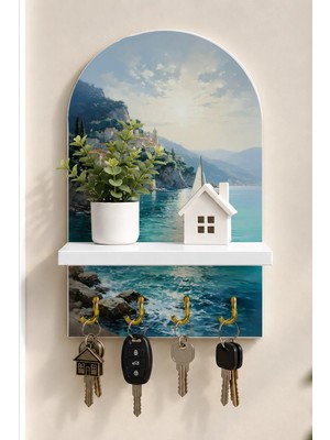 Onyx Lab Onyxlab Amalfi Kıyısında Yelkenli Temalı Raflı 4 Kancalı Duvar Anahtarlığı, 35 x 20 Cm, Mdf