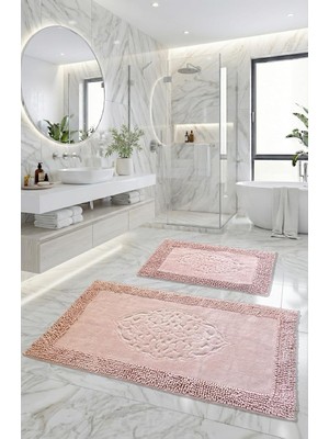 Happy Trend 2'LI%100 Pamuk Ultra Lüks Banyo Paspası Seti 60X100 cm ve 50X60 cm (Pembe)