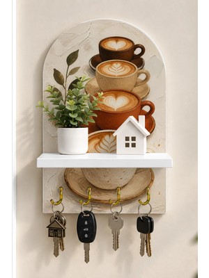 Onyx Lab Onyxlab Dört Latte Fincanı Temalı Raflı 4 Kancalı Duvar Anahtarlığı, 35 x 20 Cm, Mdf