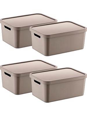 Happy Trend 4'lü Set Stafi Çok Amaçlı Kapaklı Kutu Terra 4,5 Lt - Bej, Çok Amaçlı Kapaklı Kutu, Ev-Ofis-Depo Için, Kapaklı Saklama Kutusu