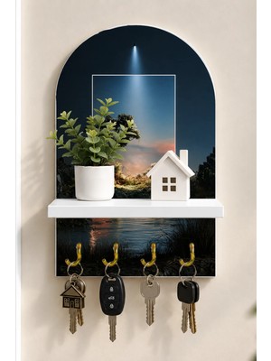Onyx Lab Onyxlab Çerçeve Içinde Sürreal Manzara Temalı Raflı 4 Kancalı Duvar Anahtarlığı, 35 x 20 Cm, Mdf