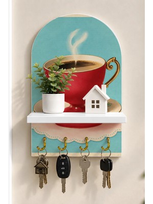 Onyx Lab Onyxlab Kırmızı Kahve Fincanı Temalı Raflı 4 Kancalı Duvar Anahtarlığı, 35 x 20 Cm, Mdf