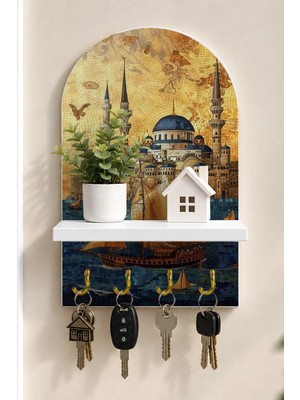 Onyx Lab Onyxlab Istanbul Camileri ve Yelkenli Temalı Raflı 4 Kancalı Duvar Anahtarlığı, 35 x 20 Cm, Mdf