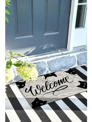 Happy Trend Siyah Kedili Kapı Önü Paspası Dekoratif Kapı Paspası Dış Mekân Paspas Ev Içi Paspası 45X70CM