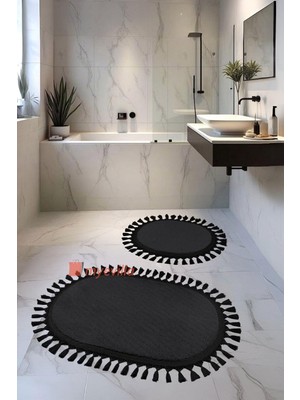 Happy Trend Evilla Modern Simirna Dekoratif Peluş Oval 60X100-50X60 Ponpon Saçaklı Klozet Takımı Antrasit