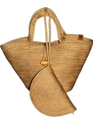 Happy Trend Için Moderin Tarzda Jüt Dekoratif Doğal Ahşap Düğmeli Çanta Seti - 2'li Yıkanabilir Bohem Fermuarlı Cüzdan ve Kozmetik Çantası Günlük Moda Kombin Tamamlayıcısı Aksesuar