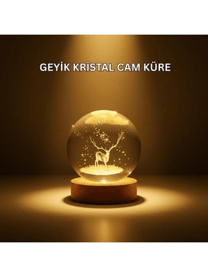 Milas Toptan mt USB Bağlantılı Geyik Temalı Kristal Küre Premium Masa Gece Lambası