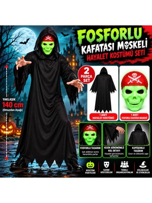 Milas Toptan mt Fosforlu Kafatası Maskeli Siyah Hayalet Kostümü – 140 cm