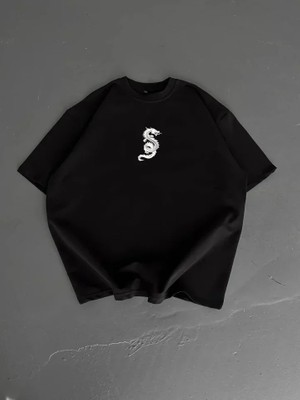 Milas Toptan Baskılı Oversize Bisiklet Yaka T-Shirt - Siyah