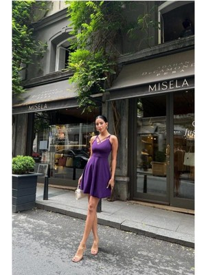 Twin Store Krep Kumaş Abiye Yaka V Elbise · Renk: Mor · Beden: L Bzstwın