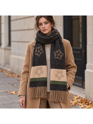 Eos Kolektif Füme Bej Çiçek Motifli Premium Yumuşak Yünlü Şal 62X175 cm