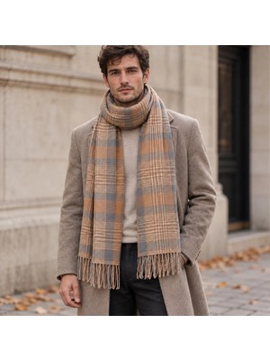 Eos Kolektif Camel Gri Ekose Desenli Yün Kaşmir Unisex Şal 68X182 cm