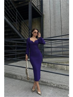 Twin Store Kruvaze Yaka Balon Elbise Kollu Midi · Renk: Mor · Beden: M Bzstwın