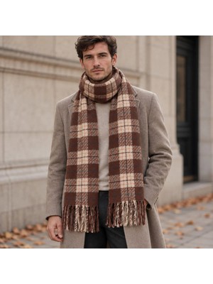 Eos Kolektif Kahve Bej Ekose Desenli Yünlü Unisex Atkı 64X180 cm