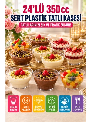 Open City 24'lü 350 cc Şeffaf Sert Plastik Tatlı Kasesi Kullan At Aşure Muhallebi Magnolia Davet ve Parti Seti