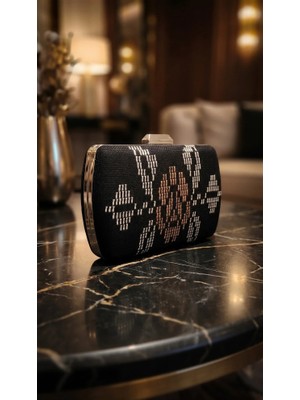 Tel Kırma El Işlemesi Süet Abiye Çantası 14X22 cm - Gümüş & Bronz Detaylı