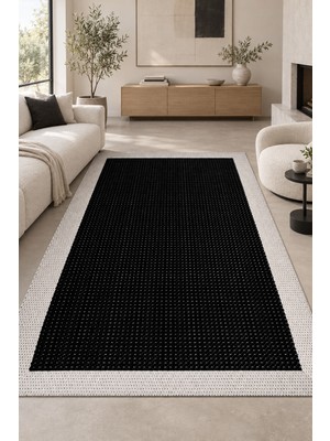 Noliva Home Kesit Siyah Ekru Sisal Görünümlü Modern Polyester Halı, Robot Süpürge Uyumlu Mutfak Oturma Odası Kor