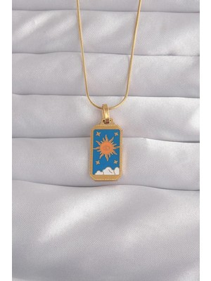 Aydogan's 316L Çelik Gold Renk Mavi Mineli Güneş Model Tarot Kolye - Bayi Depom