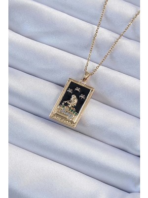 Aydogan's 316L Çelik Zincir Gold Renk Zirkon Taşlı Siyah Mineli Kız Figürlü Tarot Kolye - Bayi Depom