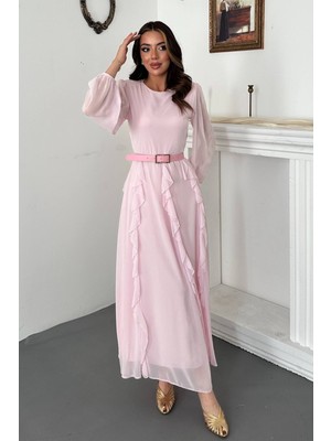 Maxi Modena Pembe Kemerli Şifon Elbise