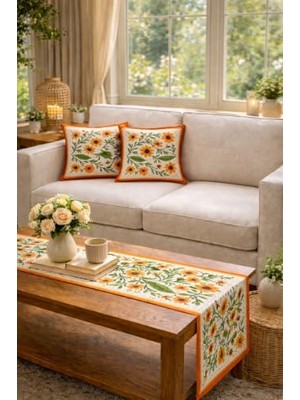 Toptan Budur Kırlent Kılıfı, Tarzını Seç Kır Çiçek Desenli Salon Dekoru 2 Adet (40X38) 1 Adet Runner (4
