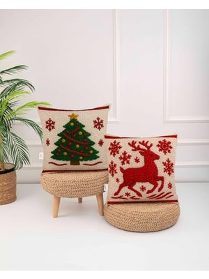 Toptan Budur Punch Tasarımlı Noel Ağacı ve Geyik Desenli Dijital Baskılı Dekoratif Kırlent Kılıf 2'li Se