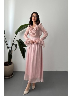 Maxi Modena Pudra Fırfırlı Bluz Lastikli Etek Takım