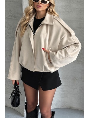 Prifaldi Zr Oversize Bej Kadın Süet Bomber Ceket