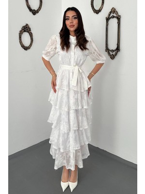 Maxi Modena Ekru Kat Kat Desenli Elbise