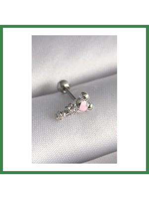 Bezos 316L Çelik Gümüş Renk Zirkon Taş Detay Pembe Kalp Işleme Tragus Piercing BEZOS16