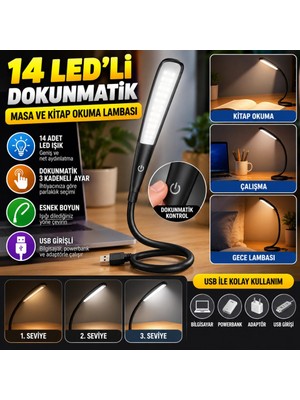 Bezos USB Girişli 14 Ledli 3 Kademeli Dokunmatik Masa/kitap Okuma Lambası Ledi Siyah Mgc