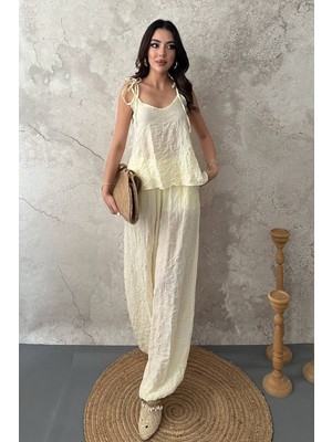Maxi Modena Sarı Boyundan Bağlamalı Bluz Pantolon Takım