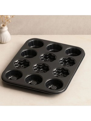 Marsilyan 12 Gözlü Metal Muffin Kek Kalıbı - Siyah