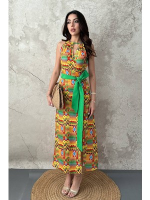 Maxi Modena Sarı Etnik Desen Kuşaklı Elbise