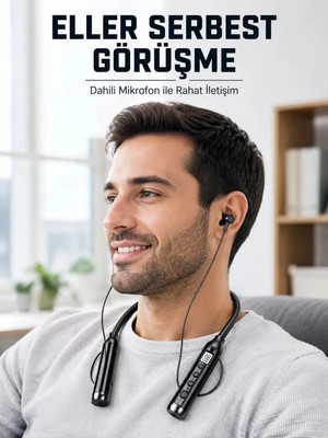 Marsilyan 600 Saat Kullanım Süreli Boyun Tipi Bluetooth Kulaklık Mikrofonlu Dijital Göstergeli Kablosuz Kulak Içi Kulaklık