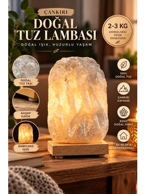 Marsilyan Çankırı 2-3 kg Gri Doğal Kaya Tuzu Lambası Ahşap Kaideli Dekoratif Lamba