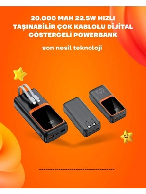 Marsilyan Powerbank 20000 Mah | 22.5W Hızlı Şarj, Dahili Kablolu, LCD Ekranlı Şarj Cihazı