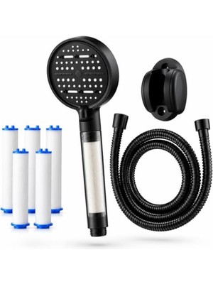 Rafta 6 Fonksiyonlu Arıtmalı Duş Başlığı Seti, Mat Siyah, Kireç Arıtıcı Banyo Filtresi, Saç ve Cilt Koruyucu, Spiral Hortum, Duvar Aparatı, 5 Yedek Filtreli Komple Set