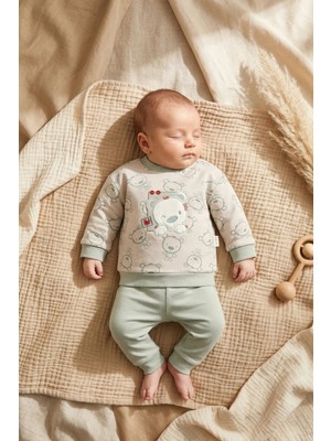 Babycan Bebek Ayıcık Nakışlı %100 Pamuk Sweatshirt ve Pantolon Ikili Takım - Yeşil