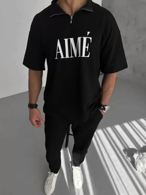 Milas Toptan Unisex Yarım Fermuarlı Baskılı T-Shirt - Siyah