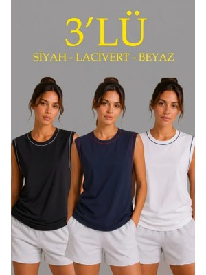 Milas Toptan 3’lü Kolsuz Sporcu Atlet Seti Yazlık Bisiklet Yaka - Siyah, Lacivert, Beyaz