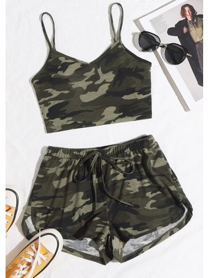 Milas Toptan Kadın Kamuflaj Desenli Askılı Crop Top ve Şortlu Gecelik Takım