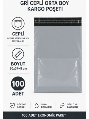 Hace Bazaar Gri Cepli Orta Boy Kargo Poşeti 30X37+5 cm 100 Adet
