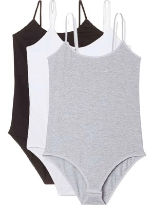 Hace Bazaar 3 Adet Ip Askılı Kadın Çıtçıtlı Body Siyah Beyaz Gri
