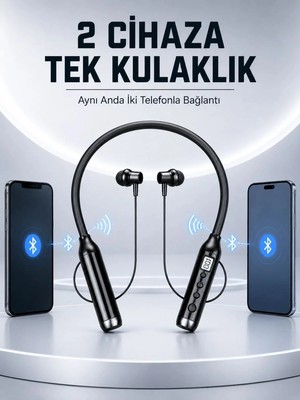 Hace Bazaar Boyun Bantlı Bluetooth Kulaklık Dijital Ekranlı Mikrofonlu Çift Telefon Bağlantılı Kablosuz Müzik ve Görüşme Kulaklığı