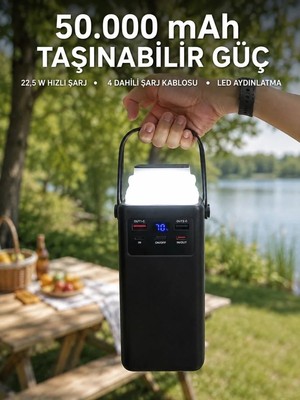 Hace Bazaar LED Aydınlatmalı Powerbank 50.000 Mah 22,5 W Hızlı Şarj 4 Dahili Kablolu Dijital Pil Göstergeli Batarya