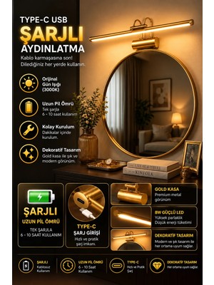 Neeko Flüt Aplik / 35CM / Şarjlı LED Aplik / Type-C USB Kablosuz Duvar Lambası 8W Gün Işığı 3000K GOLD KASA