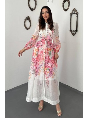 Maxi Modena Pembe Taşlı Çiçek Desenli Elbise
